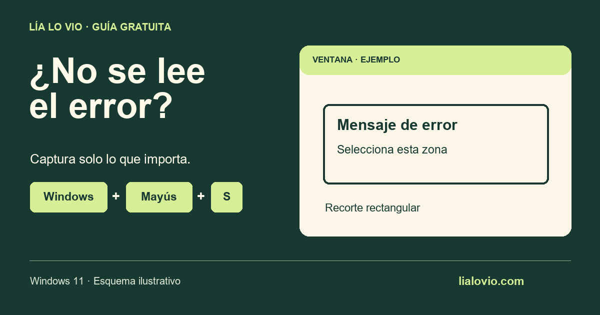 Esquema ilustrativo: Windows + Mayús + S y una zona rectangular alrededor de un mensaje de error.