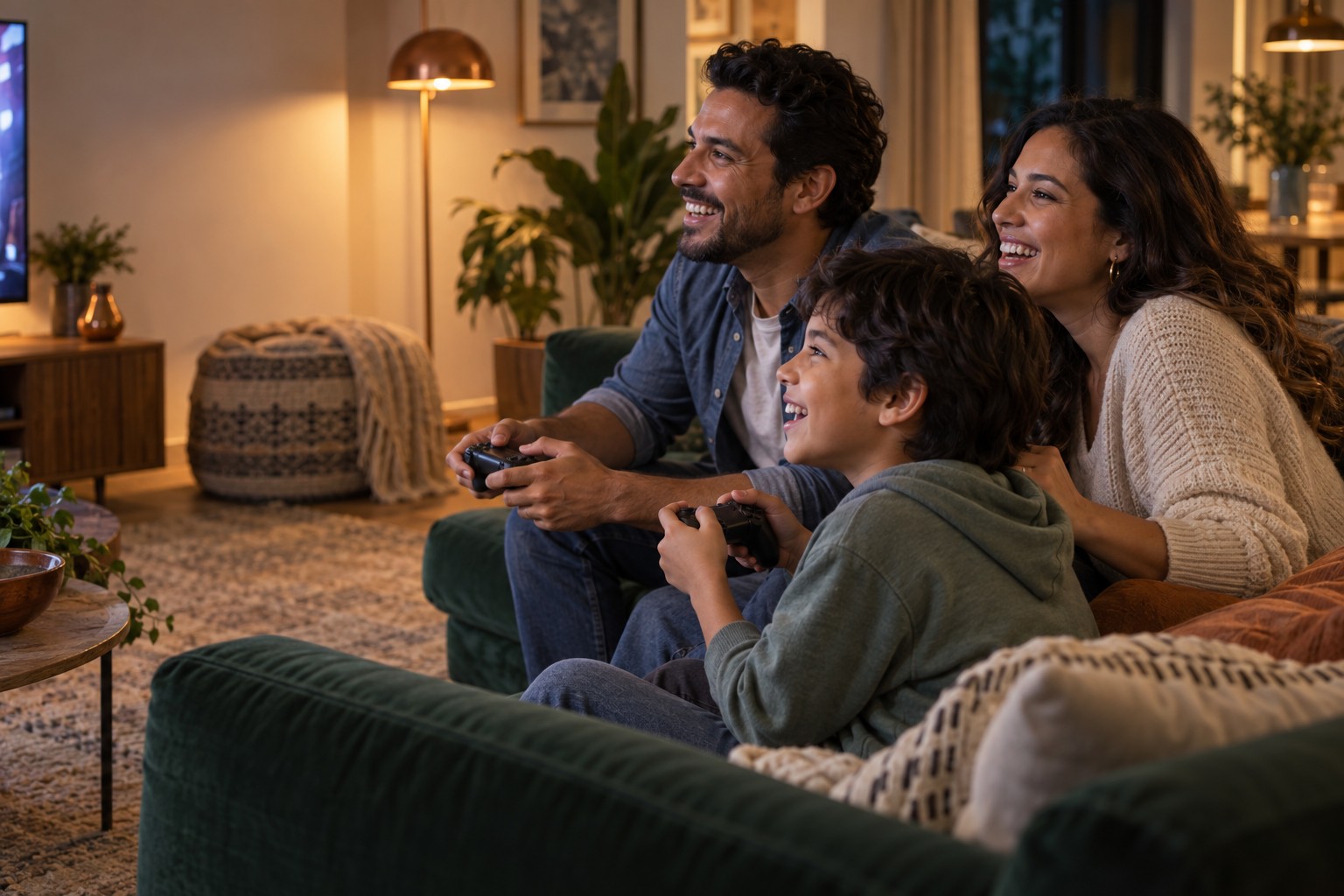 Escena ilustrativa de una familia compartiendo una partida en el sofá